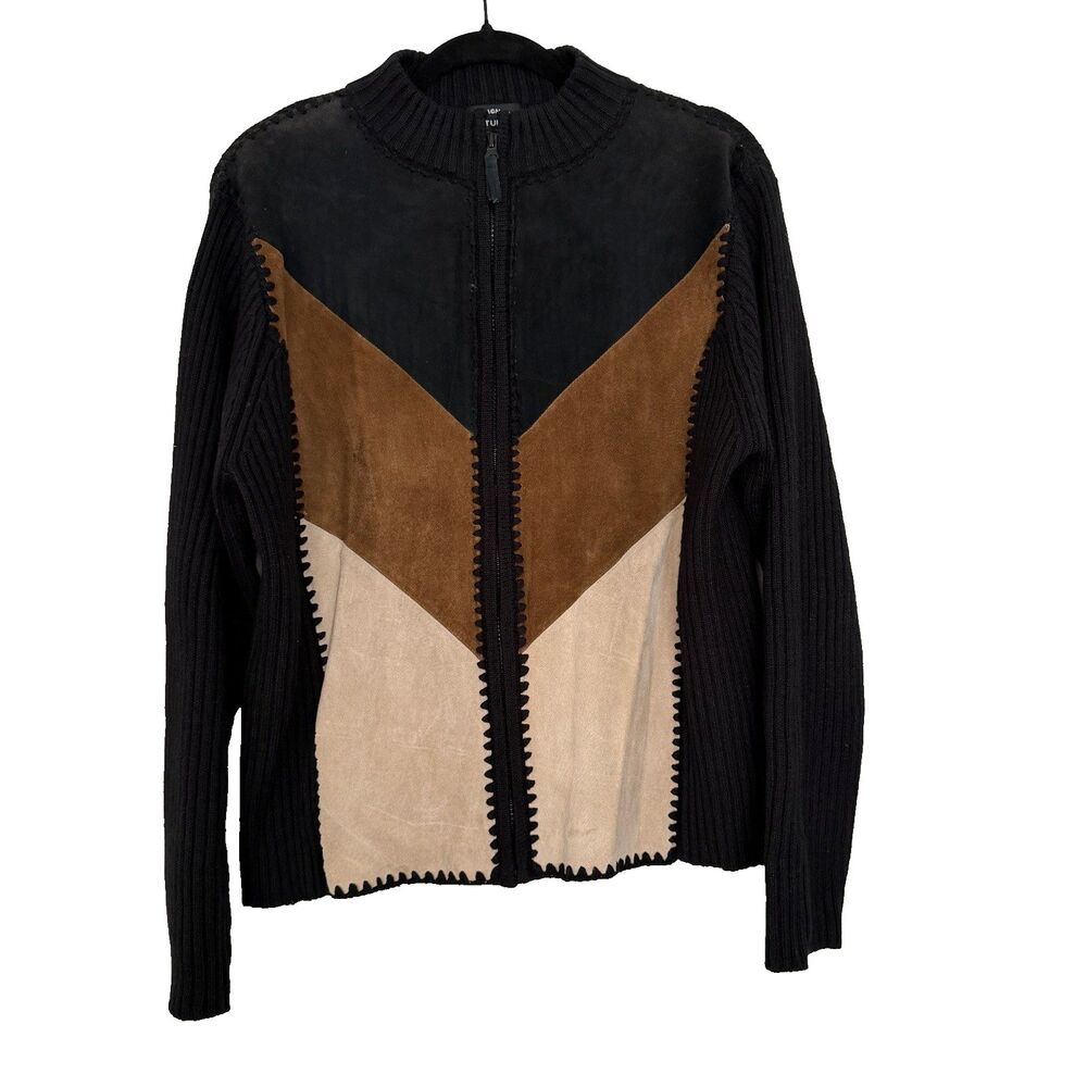 VTG Leather Suede Knit Sweater Jacket Sz XL Designers Originals Studio Zipper Up